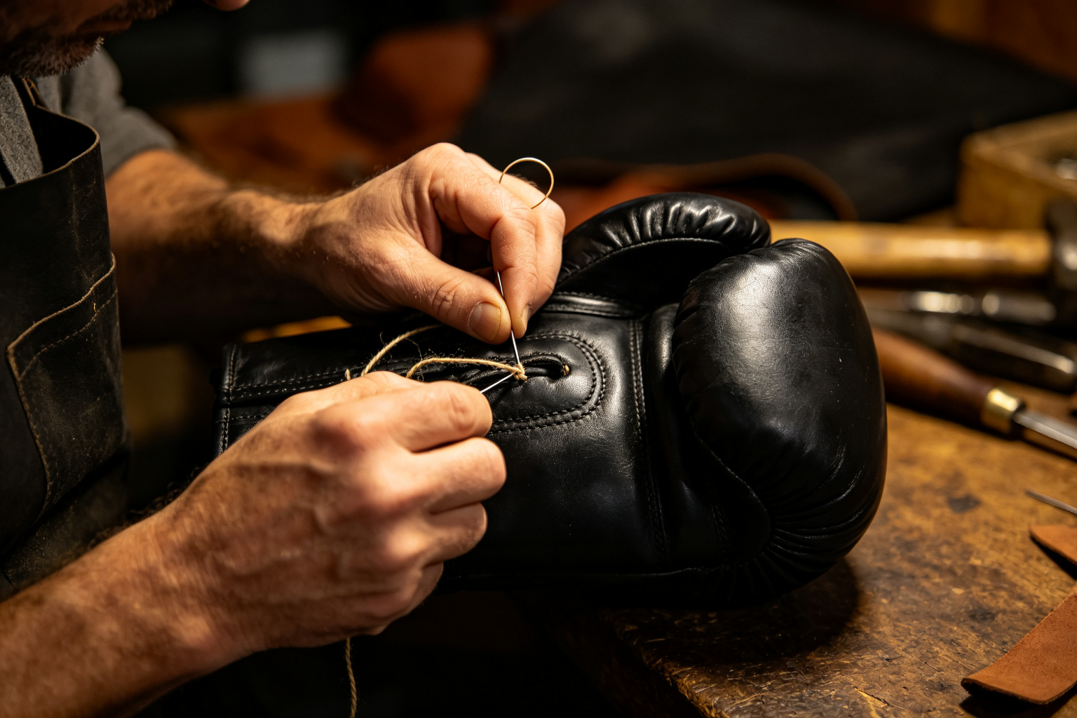 Craftsman hand-stitching a leather boxing glove