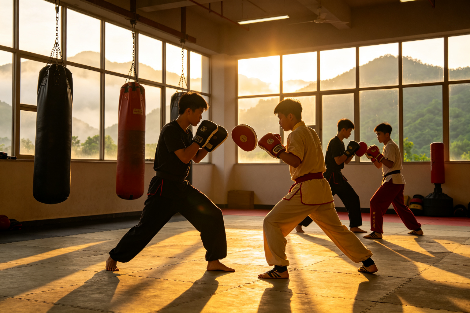 Martial arts athletes training at dawn