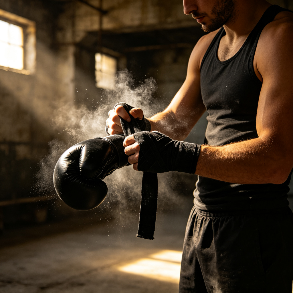 Fighter wrapping hands and putting on gloves