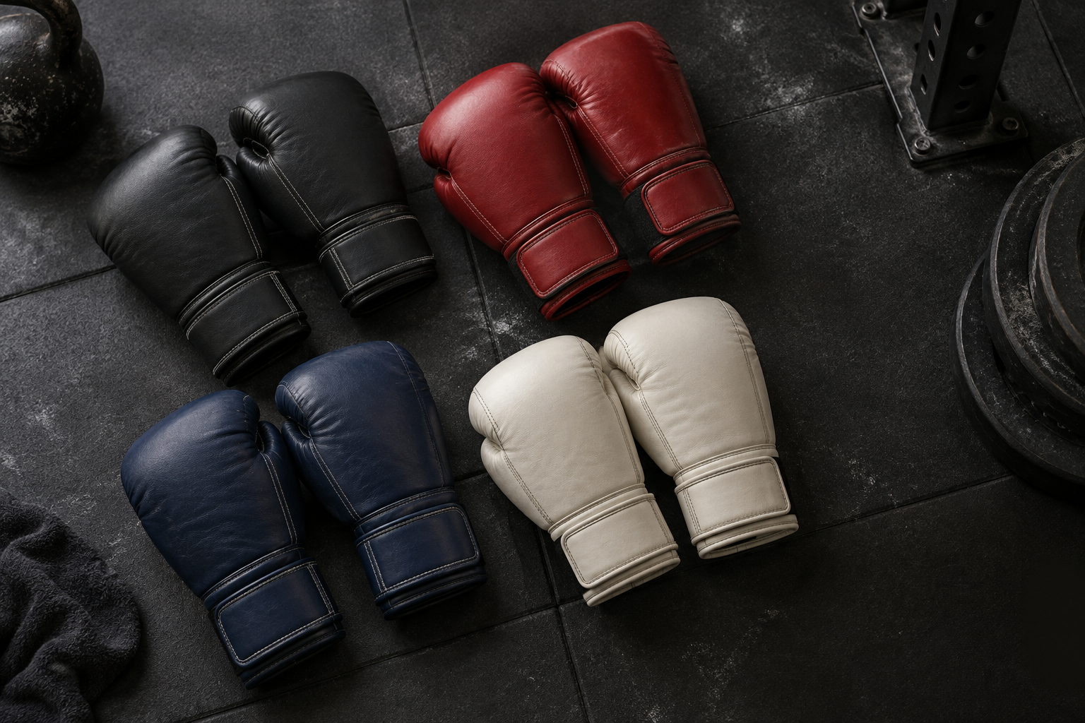 Illustrative unbranded boxing gloves in black, red, blue and off-white